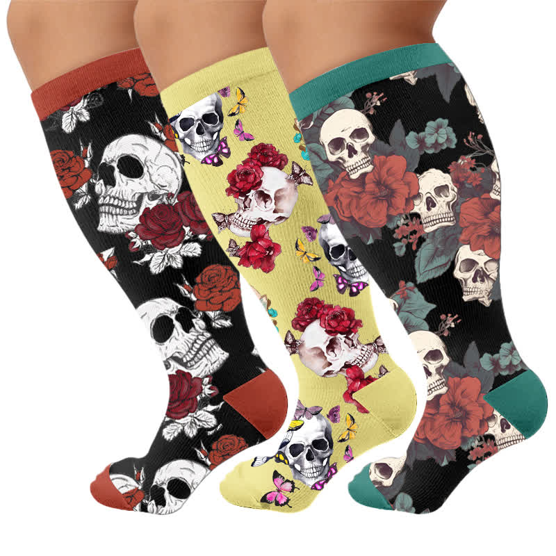 Plus Size Punk Butterfly Skull Compression Socks - Multicolor(3 Pairs) - 4XL - image 1