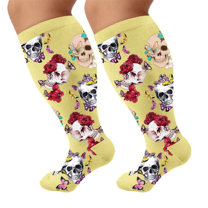 Plus Size Punk Butterfly Skull Compression Socks - Yellow(1 Pair) - 4XL - image 6