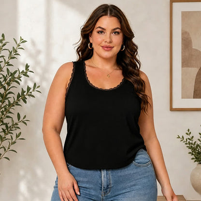 Plus Size Casual Lace Tank Top - Black - 3XL - image 4
