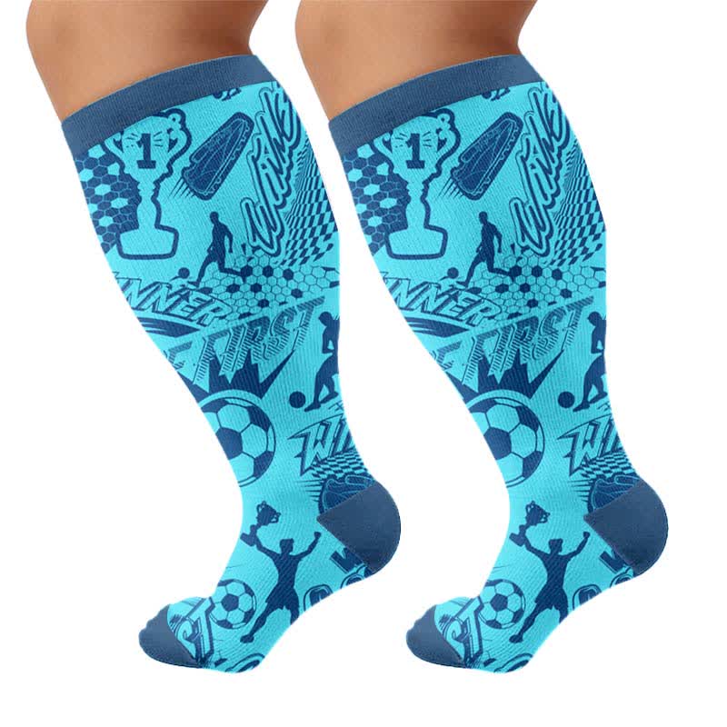 Plus Size Sport Soccer Print Compression Socks - Blue(1 Pair) - 4XL - image 8