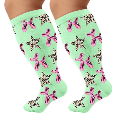Plus Size Floral Leopard Compression Socks - Green(1 Pair) - 4XL - image 5