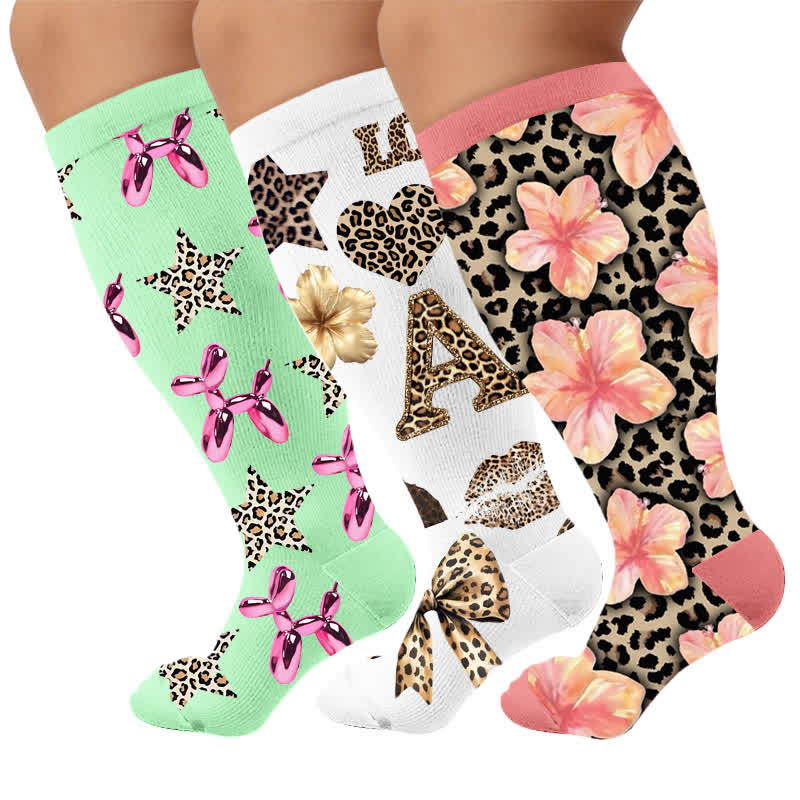 Plus Size Floral Leopard Compression Socks - Multicolor(3 Pairs) - 4XL - image 1