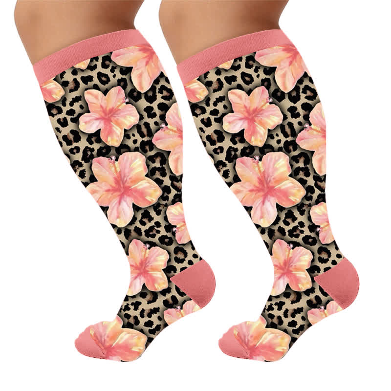 Plus Size Floral Leopard Compression Socks - Pink(1 Pair) - 4XL - image 7