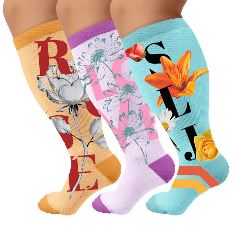 Plus Size Floral Letter Compression Socks - Multicolor(3 Pairs) - 4XL - image 1