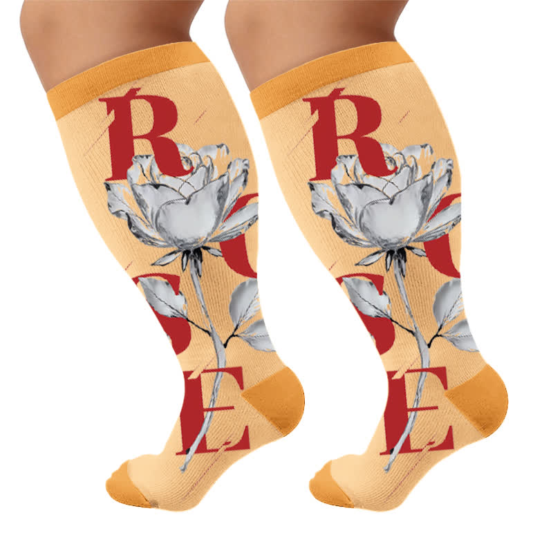 Plus Size Floral Letter Compression Socks - Yellow(1 Pair) - 4XL - image 5