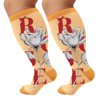 Plus Size Floral Letter Compression Socks - Yellow(1 Pair) - 4XL - image 5