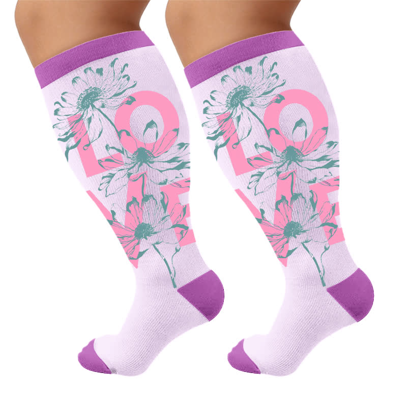 Plus Size Floral Letter Compression Socks - Purple(1 Pair) - 4XL - image 6