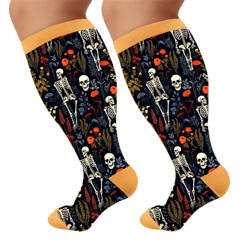 Plus Size Pumpkin Skull Compression Socks - Yellow(1 Pair) - 4XL - image 5