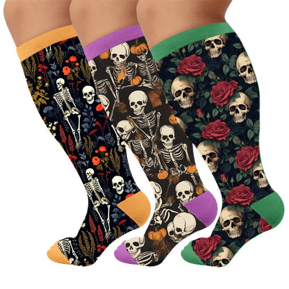 Plus Size Pumpkin Skull Compression Socks - Multicolor(3 Pairs) - 4XL - image 1