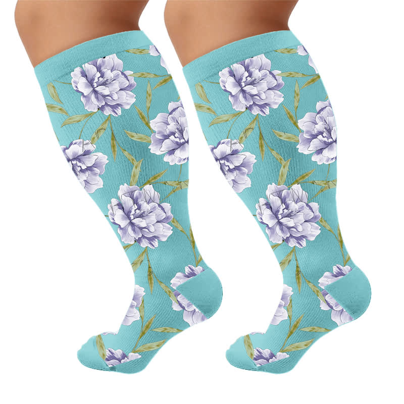 Plus Size Fresh Flowers Compression Socks - Blue(1 Pair) - 4XL - image 7