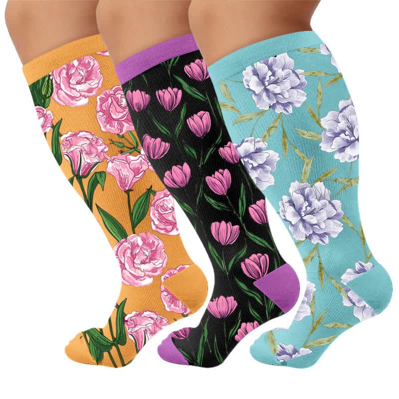 Plus Size Fresh Flowers Compression Socks - Multicolor(3 Pairs) - 4XL - image 1