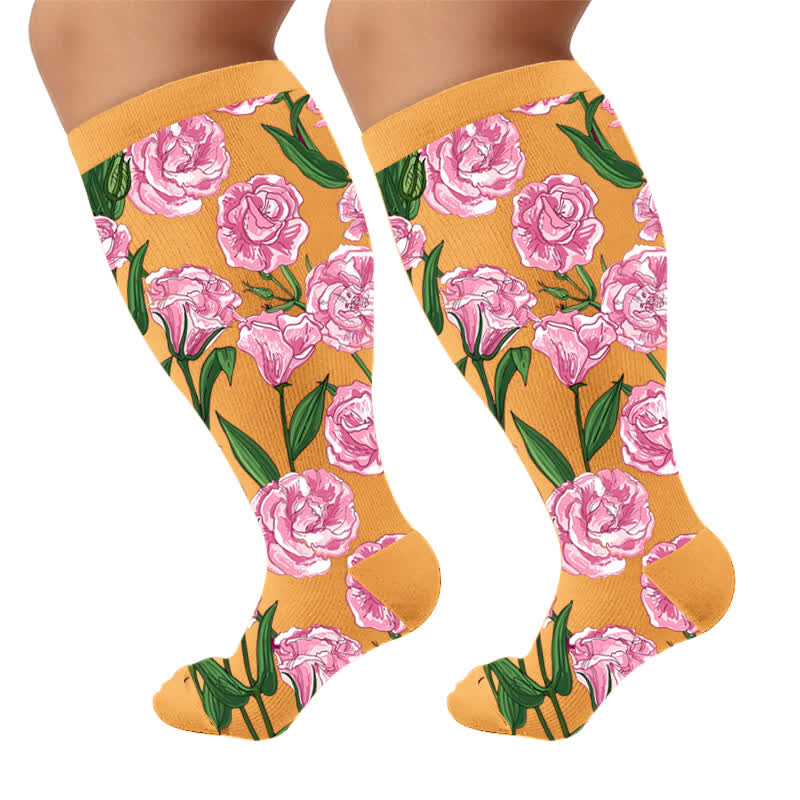 Plus Size Fresh Flowers Compression Socks - Yellow(1 Pair) - 4XL - image 5