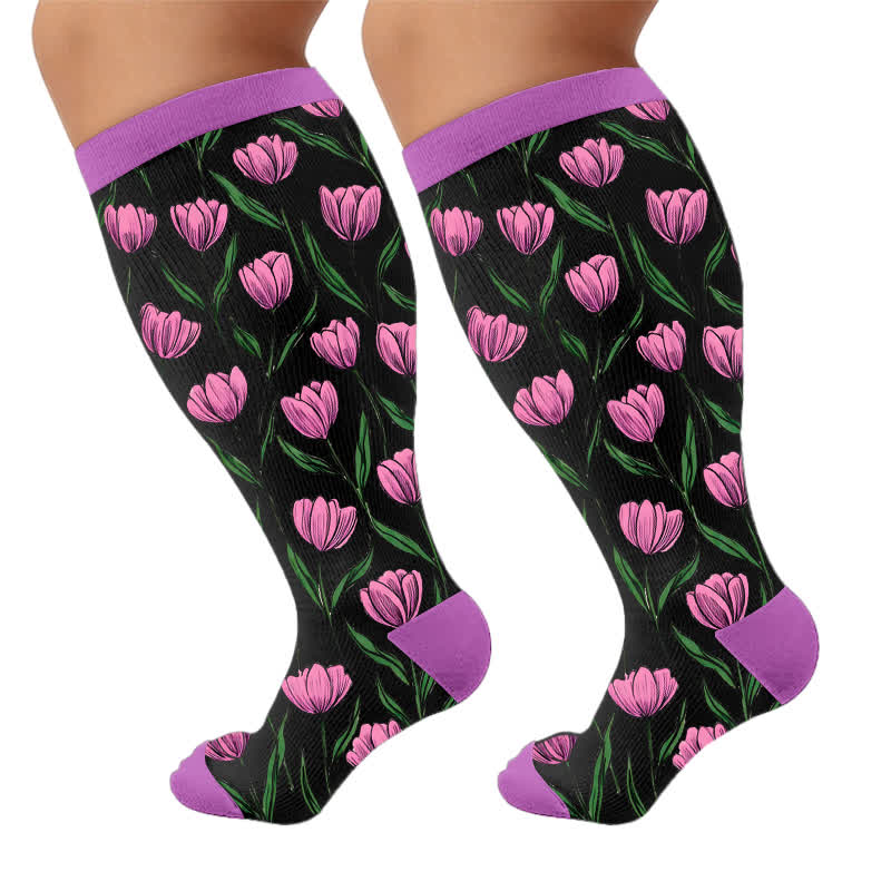 Plus Size Fresh Flowers Compression Socks - Purple(1 Pair) - 4XL - image 6