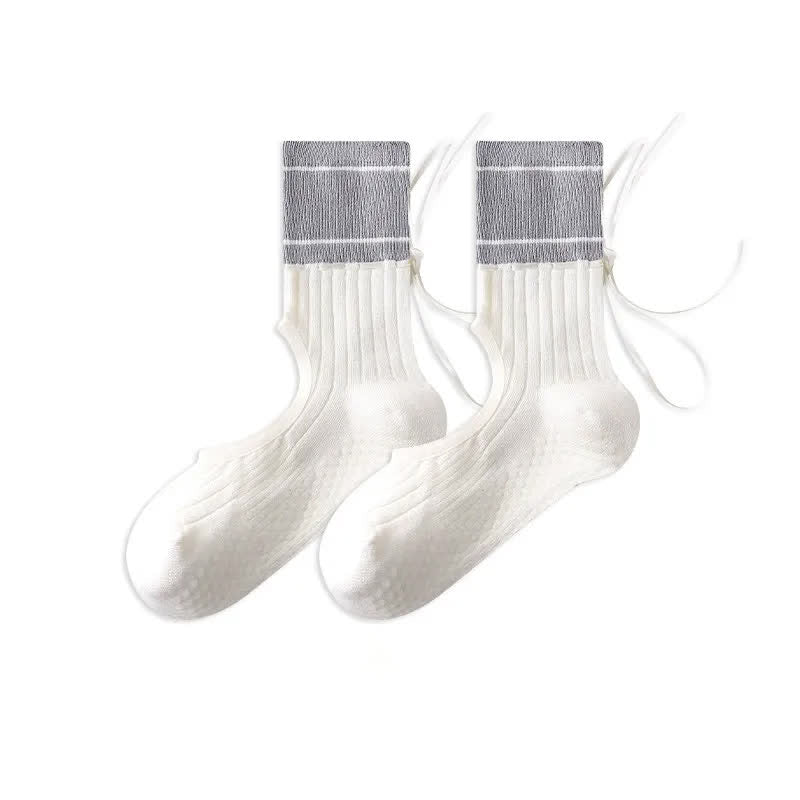 Open Instep Bow Grip Socks(2 Pairs) - Grey - EU35-40(US2-7) - With Ribbon - image 10