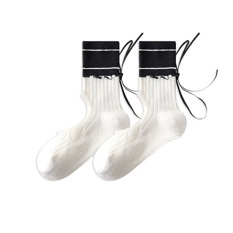 Open Instep Bow Grip Socks(2 Pairs) - Black - EU35-40(US2-7) - With Ribbon - image 11