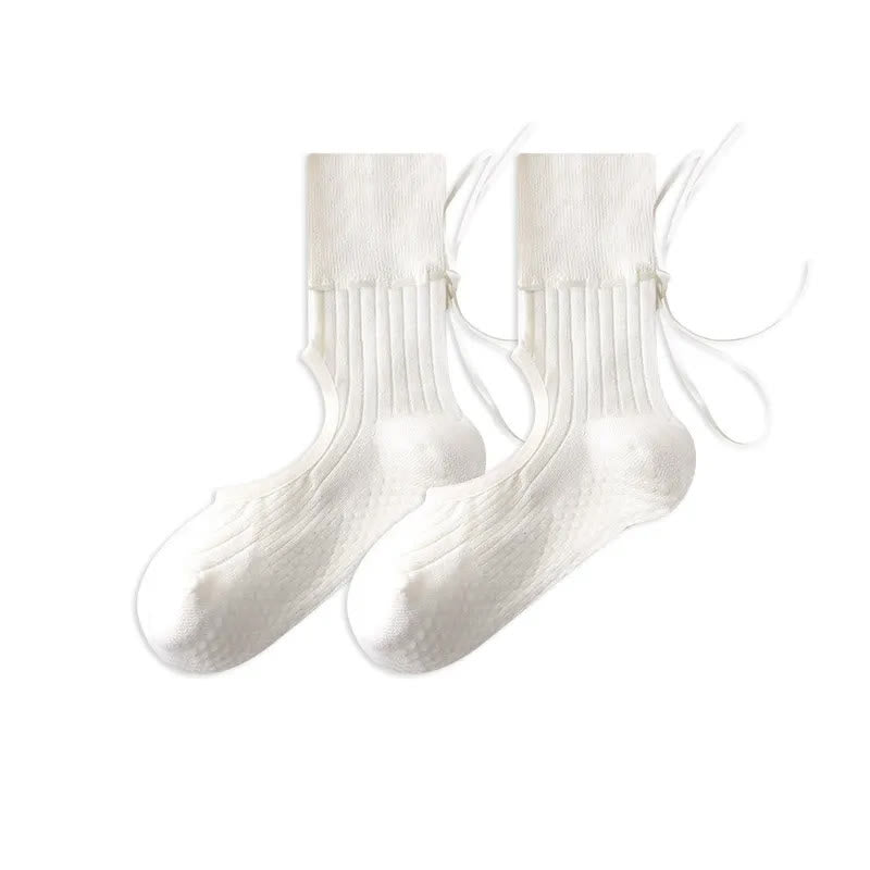 Open Instep Bow Grip Socks(2 Pairs) - White - EU35-40(US2-7) - With Ribbon - image 9