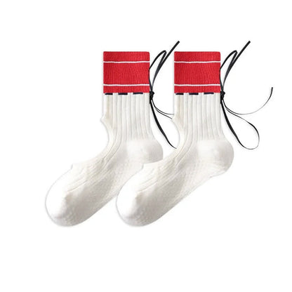 Open Instep Bow Grip Socks(2 Pairs) - Red - EU35-40(US2-7) - With Ribbon - image 13