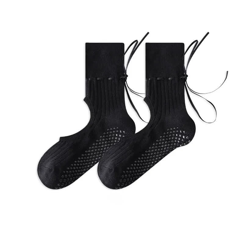 Open Instep Bow Grip Socks(2 Pairs) - Pure Black - EU35-40(US2-7) - With Ribbon - image 14