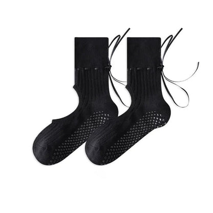Open Instep Bow Grip Socks(2 Pairs) - Pure Black - EU35-40(US2-7) - With Ribbon - image 14