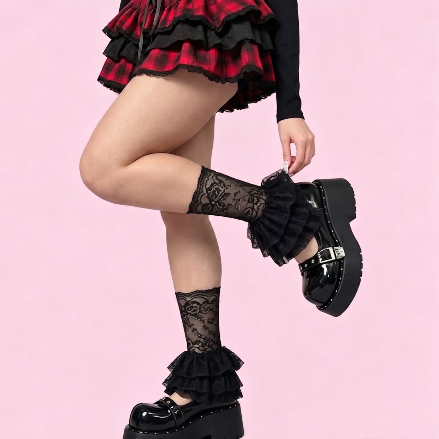 Gothic Lace Ruffle Crew Socks(2 Pairs) - Black-D2 - One Size - image 3