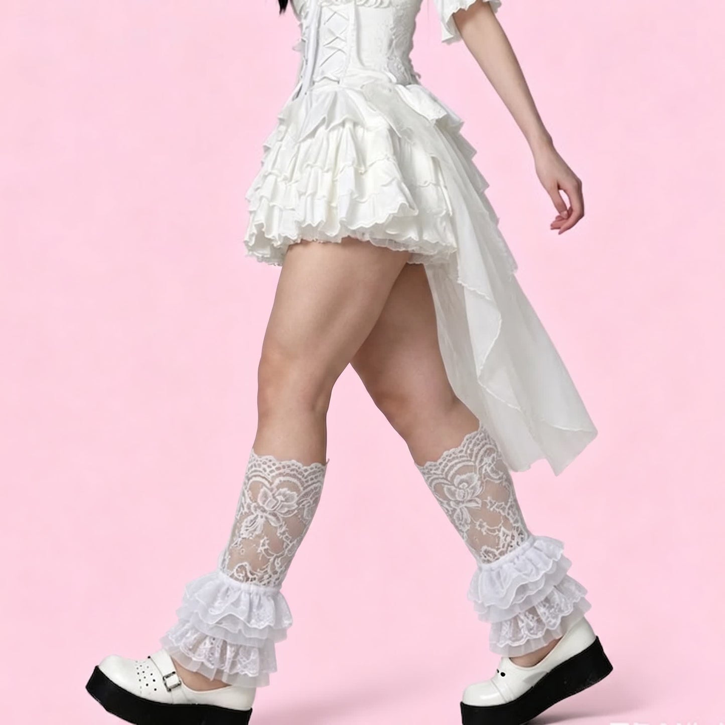 Gothic Lace Ruffle Crew Socks(2 Pairs) - White-D2 - One Size - image 1