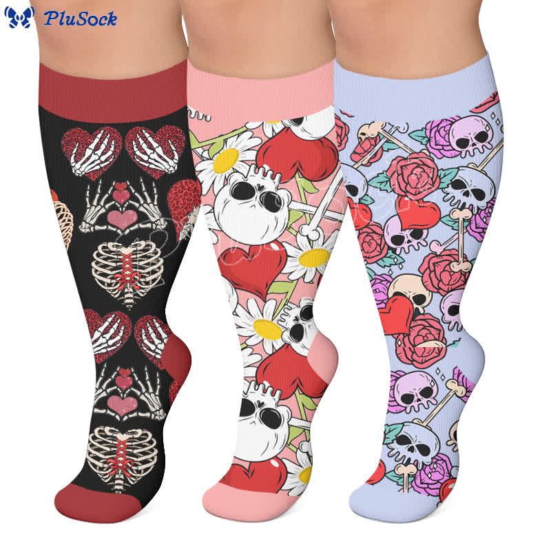 Plus Size Pink Heart Eyed Skull Compression Socks - image 0