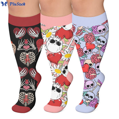 Plus Size Pink Heart Eyed Skull Compression Socks - image 0