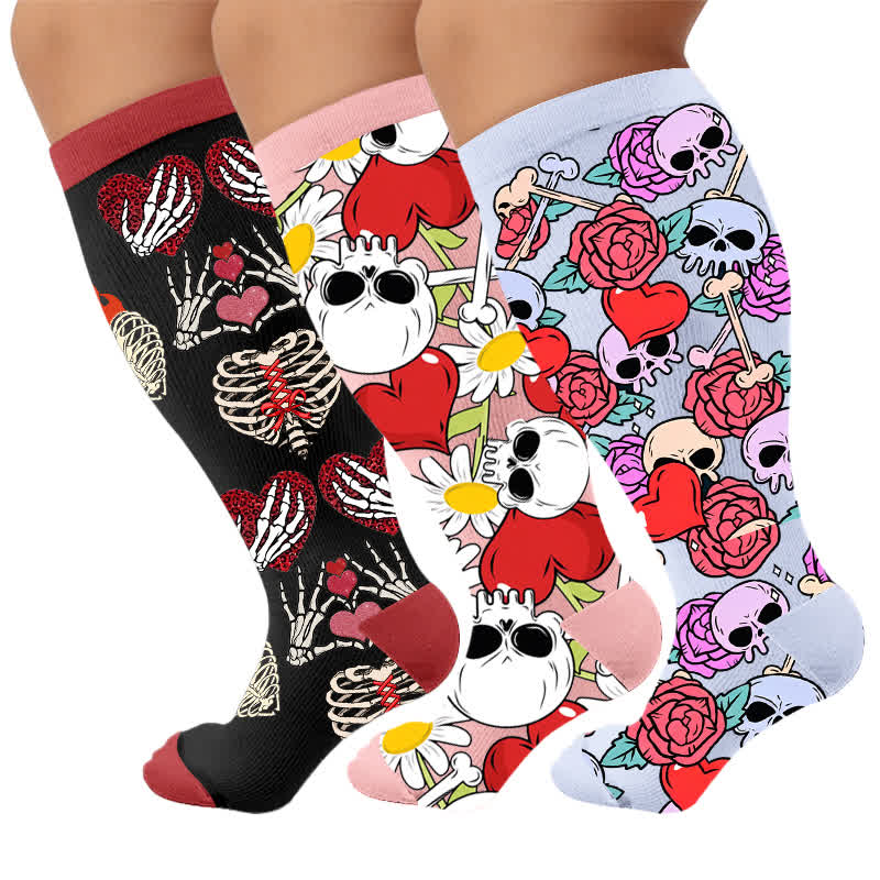 Plus Size Pink Heart Eyed Skull Compression Socks - Multicolor(3 Pairs) - 4XL - image 4