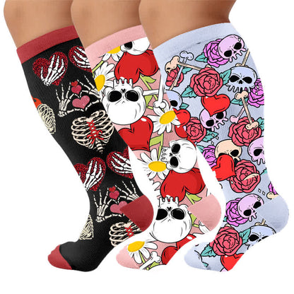 Plus Size Pink Heart Eyed Skull Compression Socks - Multicolor(3 Pairs) - 4XL - image 4