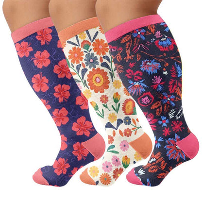 Plus Size Bright Floral Print Compression Socks - Multicolor(3 Pairs) - 4XL - image 4