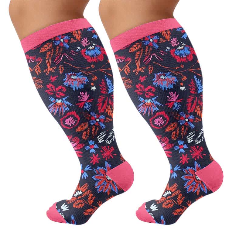 Plus Size Bright Floral Print Compression Socks - Rose(1 Pair) - 4XL - image 10