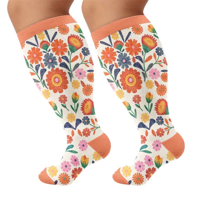 Plus Size Bright Floral Print Compression Socks - Orange(1 Pair) - 4XL - image 9