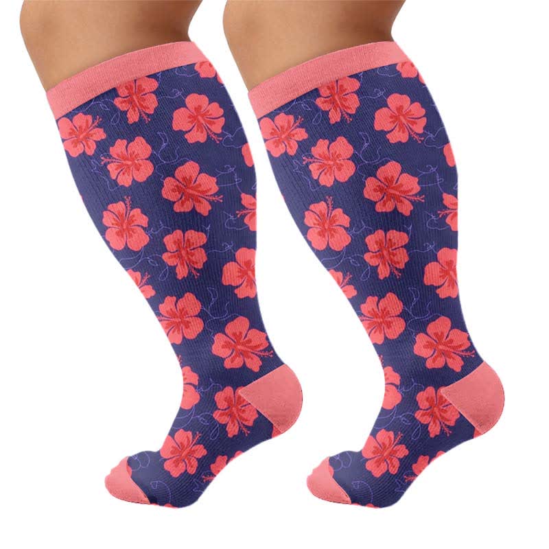 Plus Size Bright Floral Print Compression Socks - Dark Pink(1 Pair) - 4XL - image 8