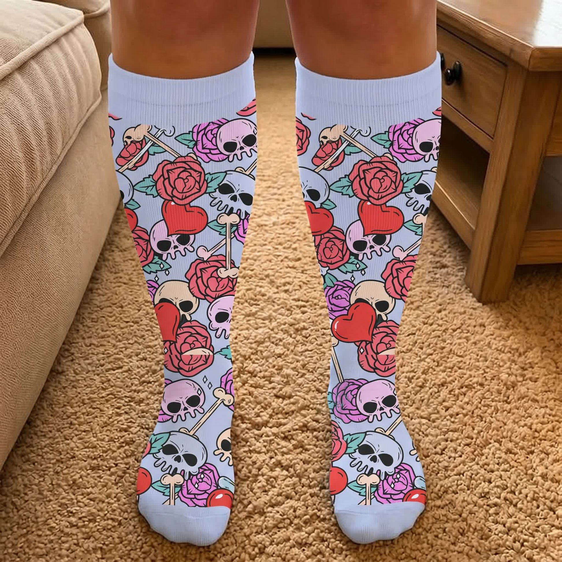 Plus Size Pink Heart Eyed Skull Compression Socks - image 3