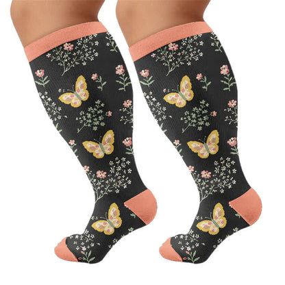 Plus Size Dreamy Cats Butterfly Compression Socks - Orange(1 Pair) - 4XL - image 10
