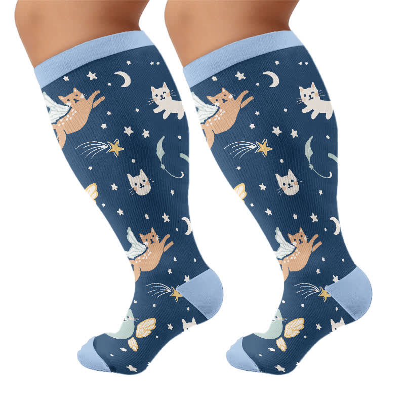 Plus Size Dreamy Cats Butterfly Compression Socks - Blue(1 Pair) - 4XL - image 8