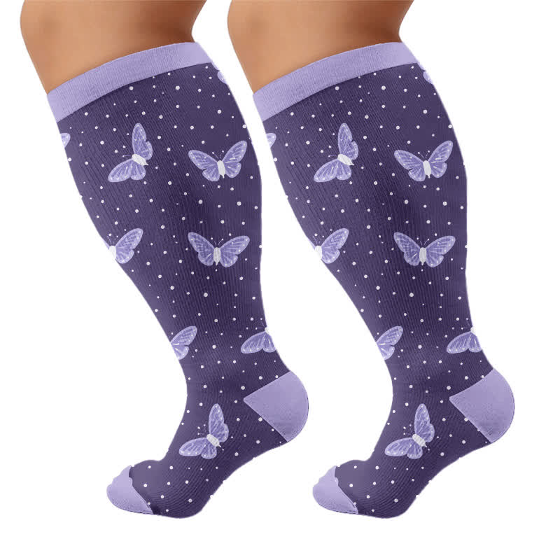 Plus Size Dreamy Cats Butterfly Compression Socks - Purple(1 Pair) - 4XL - image 9