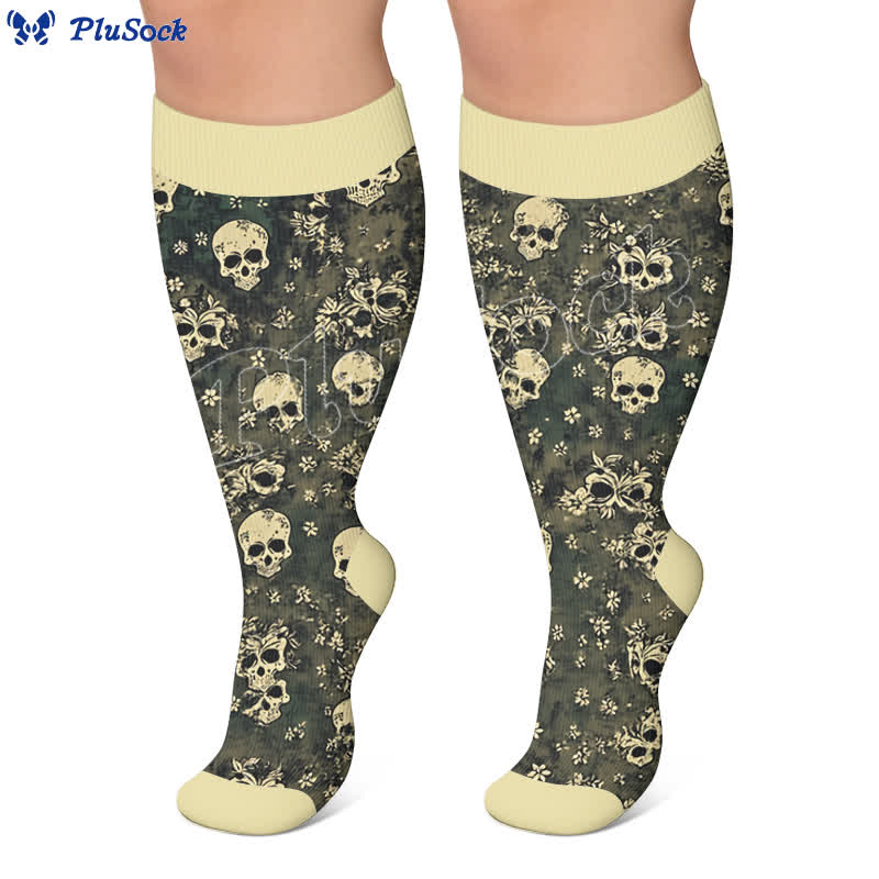 Plus Size Olive Skull Floral Compression Socks - image 5