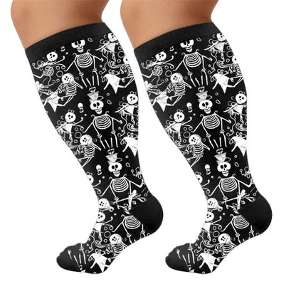 Plus Size Olive Skull Floral Compression Socks - Black(1 Pair) - 4XL - image 10