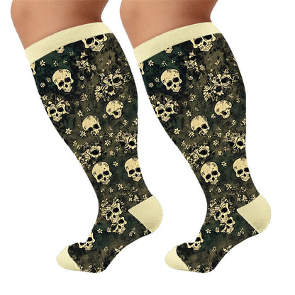 Plus Size Olive Skull Floral Compression Socks - Yellow(1 Pair) - 4XL - image 8