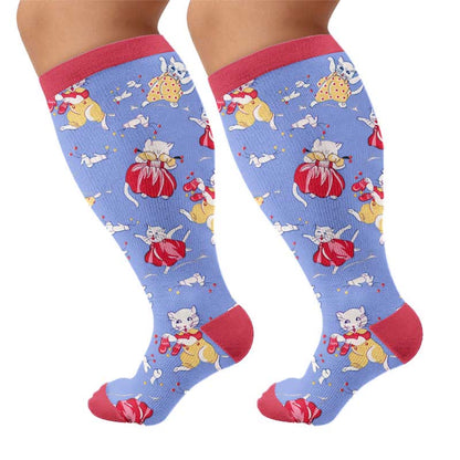 Plus Size Cat Floral Compression Socks - Red(1 Pair) - 4XL - image 9
