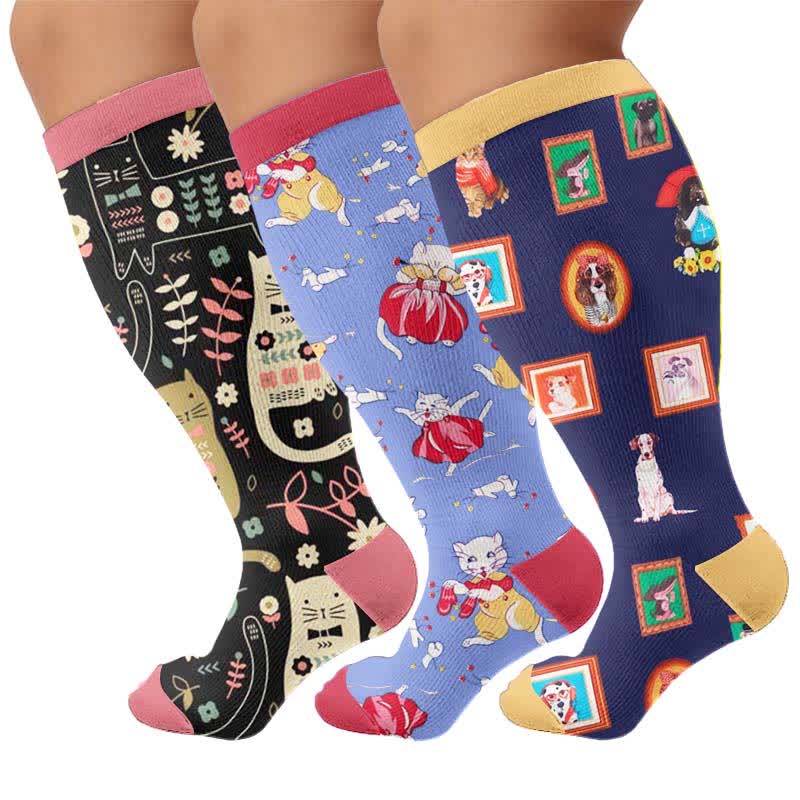 Plus Size Cat Floral Compression Socks - Multicolor(3 Pair) - 4XL - image 4