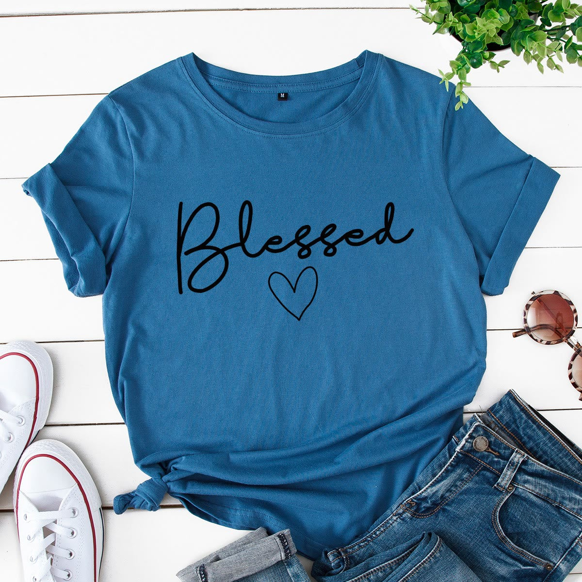 Plus Size Blessed Heart Shape T-shirt - Royal Blue - 5XL - image 7