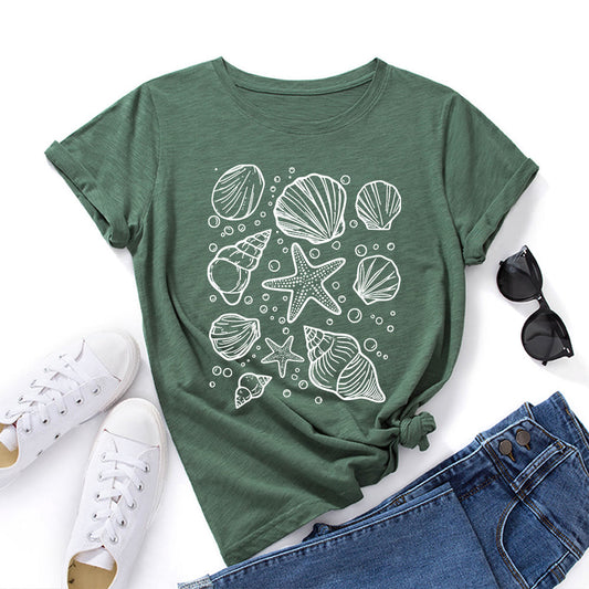 Plus Size Seashells Print T-shirt - Army Green - 5XL - image 0