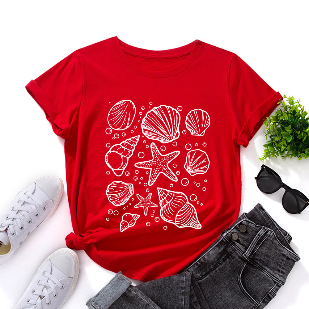 Plus Size Seashells Print T-shirt - Red - 5XL - image 5