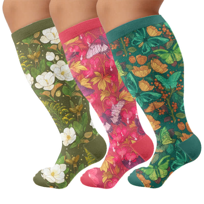 Plus Size Floral Butterfly Compression Socks - Multicolor(3 Pairs) - 4XL - image 4