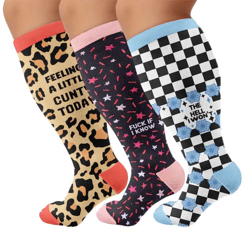 Plus Size Leopard Slogan Compression Socks - Multicolor(3 Pair) - 4XL - image 4