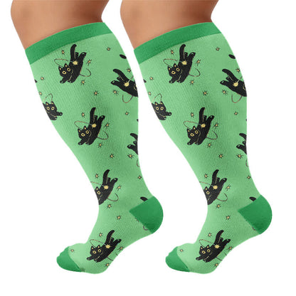 Plus Size Cartoon Cat Knee High Compression Socks - Green(1 Pair) - 4XL - image 9