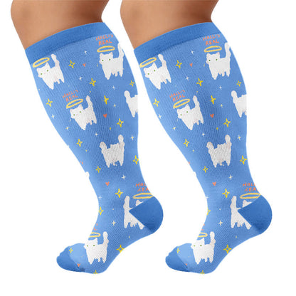 Plus Size Cartoon Cat Knee High Compression Socks - Blue(1 Pair) - 4XL - image 8