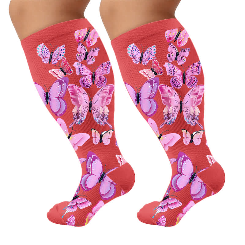 Plus Size Butterfly Bloom Compression Socks - Red(1 Pair) - 4XL - image 8